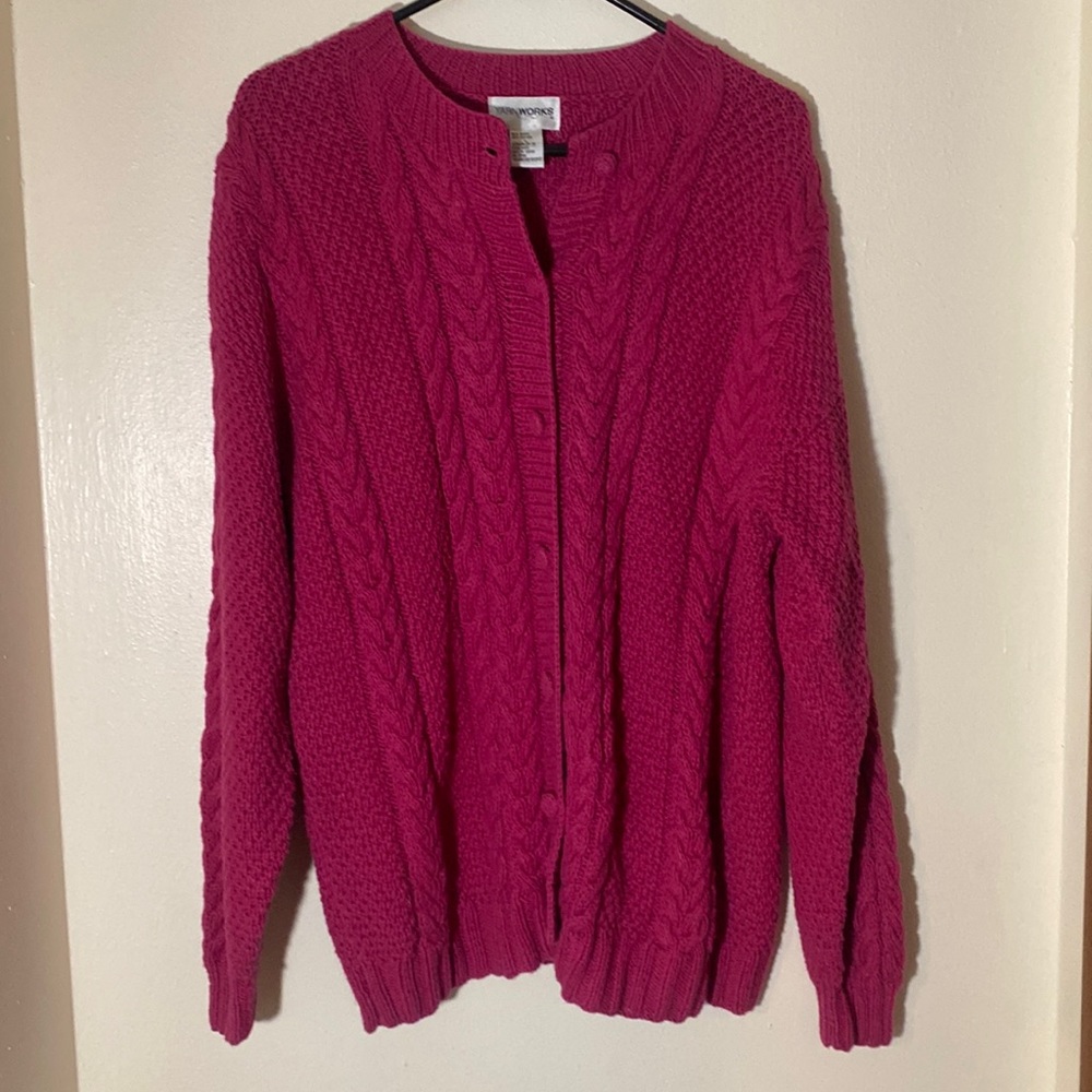 Vintage Knit Works Chunky Fuschia Grandma Oversized Cardigan L